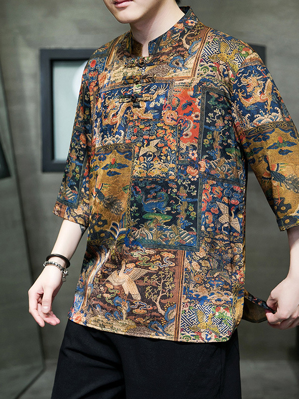 Etno stila vīriešu T-krekls ar pūķa un mākoņu apdruku, stāvošs apkakle, brīvs piegriezums, 3/4 piedurknes, plāns poliester, vasara