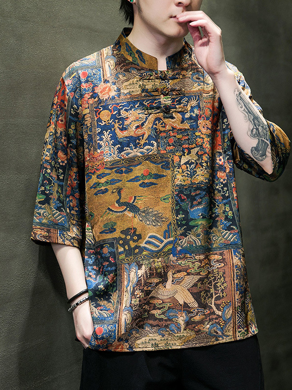 Etno stila vīriešu T-krekls ar pūķa un mākoņu apdruku, stāvošs apkakle, brīvs piegriezums, 3/4 piedurknes, plāns poliester, vasara