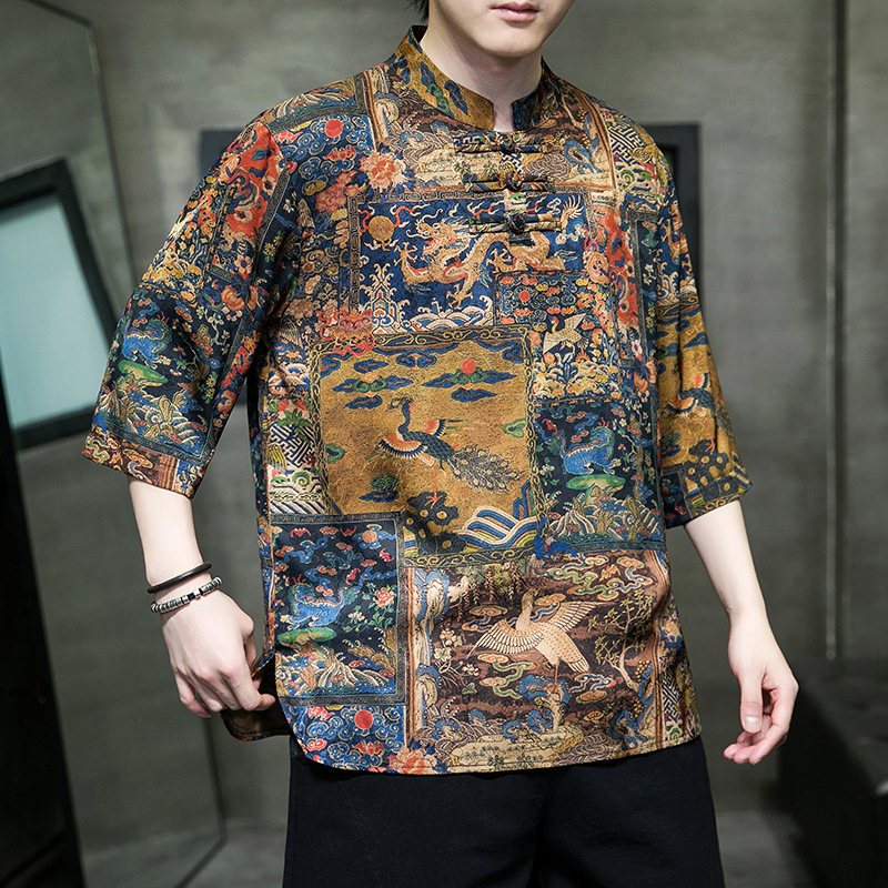 Etno stila vīriešu T-krekls ar pūķa un mākoņu apdruku, stāvošs apkakle, brīvs piegriezums, 3/4 piedurknes, plāns poliester, vasara