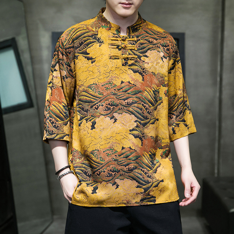 Etno stila vīriešu T-krekls ar pūķa un mākoņu apdruku, stāvošs apkakle, brīvs piegriezums, 3/4 piedurknes, plāns poliester, vasara