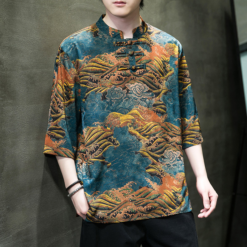 Etno stila vīriešu T-krekls ar pūķa un mākoņu apdruku, stāvošs apkakle, brīvs piegriezums, 3/4 piedurknes, plāns poliester, vasara