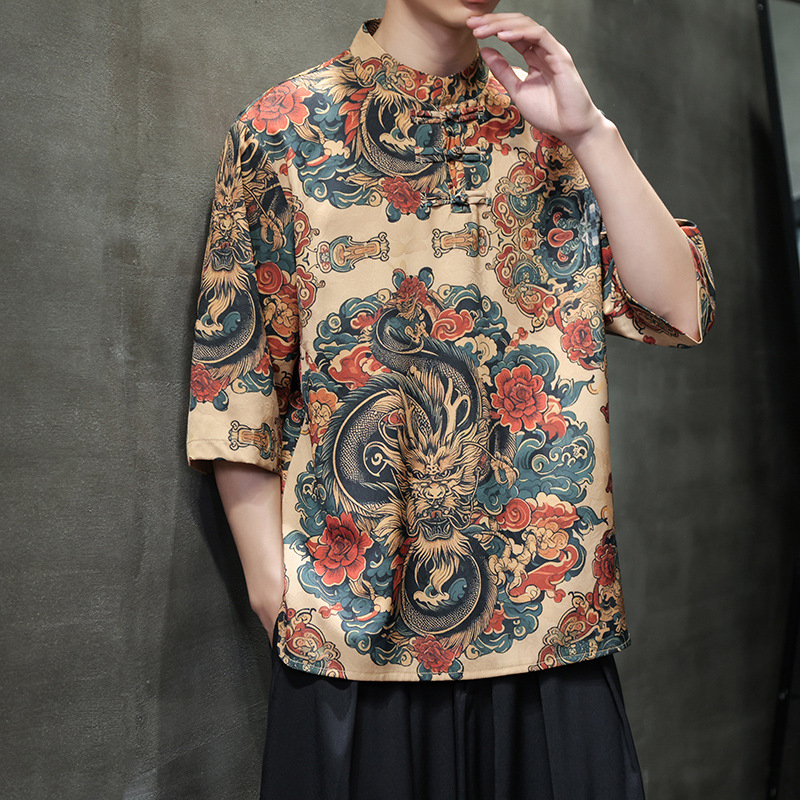 Etno stila vīriešu T-krekls ar pūķa un mākoņu apdruku, stāvošs apkakle, brīvs piegriezums, 3/4 piedurknes, plāns poliester, vasara