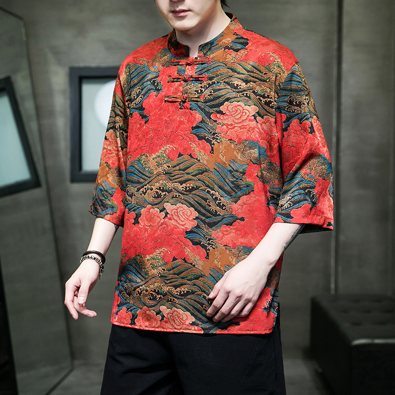 Etno stila vīriešu T-krekls ar pūķa un mākoņu apdruku, stāvošs apkakle, brīvs piegriezums, 3/4 piedurknes, plāns poliester, vasara