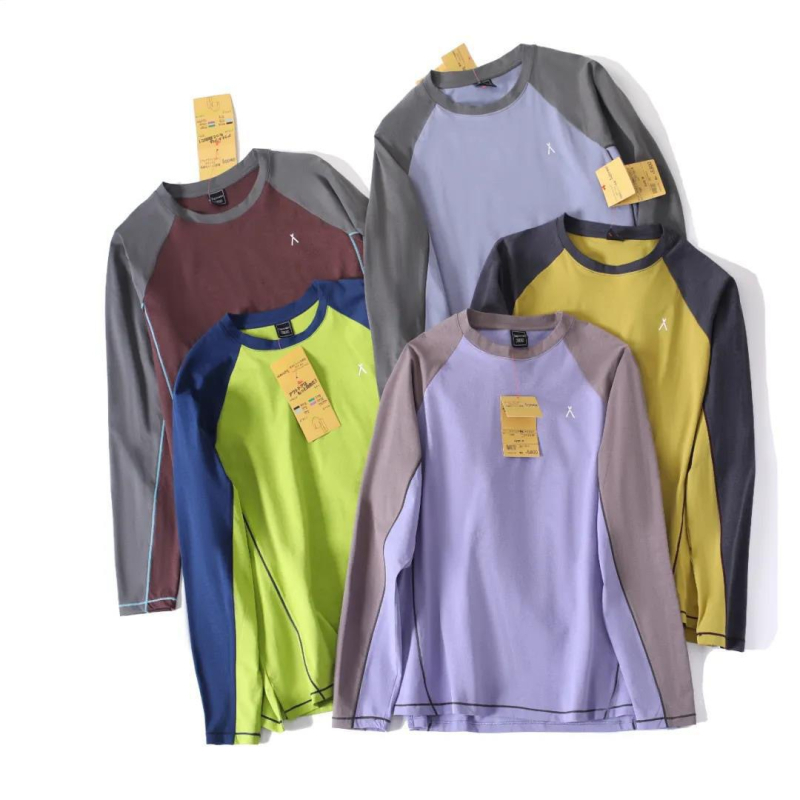 Planinski stil za outdoor aktivnosti: dugi rukav, sportski T-shirt s blokom boja za planinarenje i vožnju bicikla, okrugli izrez, ležeran kroj