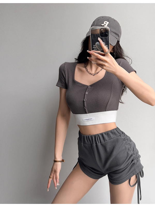 T-shirt, ανάμειξη βαμβάκι-βισκόζη, V-λαιμόκοψη, κοντά μανίκια, στενή γραμμή