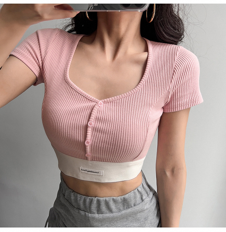 T-shirt, ανάμειξη βαμβάκι-βισκόζη, V-λαιμόκοψη, κοντά μανίκια, στενή γραμμή