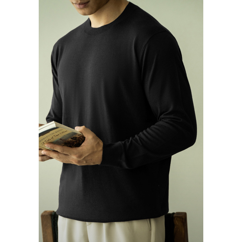 Ανδρικό πλεκτό T-shirt από μείγμα μαλλιού και μεταξιού μουριάς, στρογγυλός λαιμός, μακριά μανίκια, εφαρμοστή γραμμή