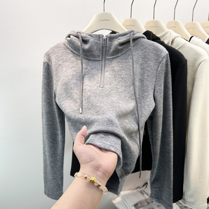 Ženski hoodie od poliester flekse, jednostavan jednobojni dizajn, dugi rukavi, korejski ležerni stil, jesen-zima 2025