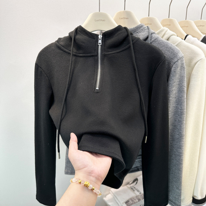 Ženski hoodie od poliester flekse, jednostavan jednobojni dizajn, dugi rukavi, korejski ležerni stil, jesen-zima 2025