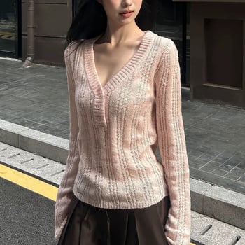 Pulover s V-izrezom, dugi rukavi, uski kroj, pleteni materijal od akrila/poliester/spandeksa