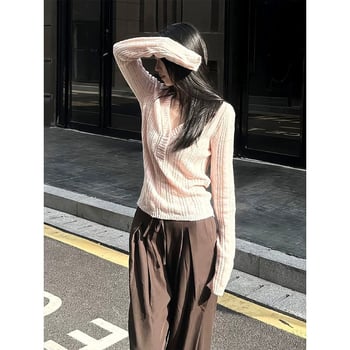 Pulover s V-izrezom, dugi rukavi, uski kroj, pleteni materijal od akrila/poliester/spandeksa