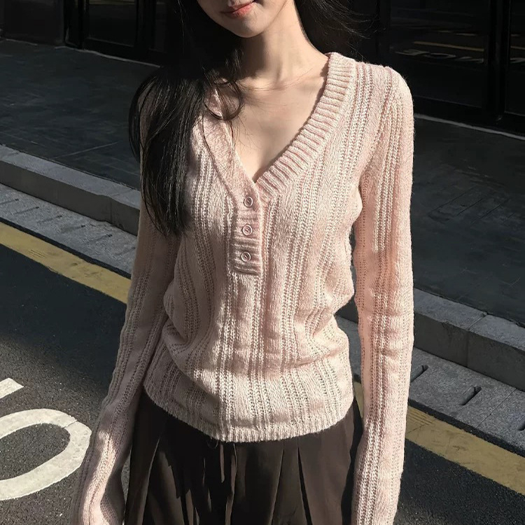 Pulover s V-izrezom, dugi rukavi, uski kroj, pleteni materijal od akrila/poliester/spandeksa