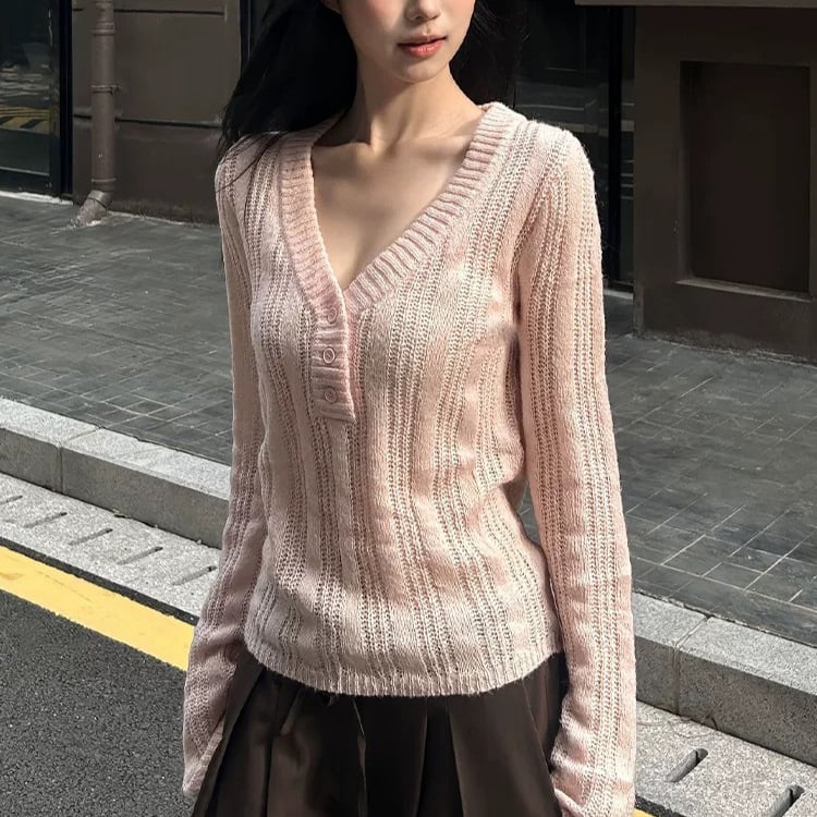 Pulover s V-izrezom, dugi rukavi, uski kroj, pleteni materijal od akrila/poliester/spandeksa