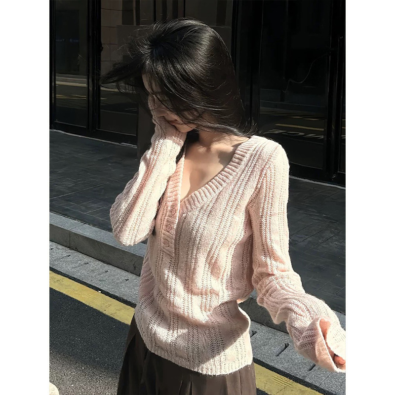 Pulover s V-izrezom, dugi rukavi, uski kroj, pleteni materijal od akrila/poliester/spandeksa