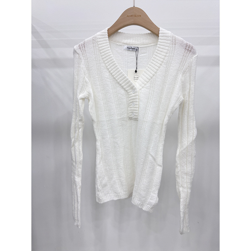 Pulover s V-izrezom, dugi rukavi, uski kroj, pleteni materijal od akrila/poliester/spandeksa