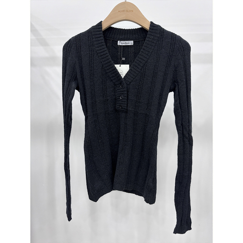 Pulover s V-izrezom, dugi rukavi, uski kroj, pleteni materijal od akrila/poliester/spandeksa