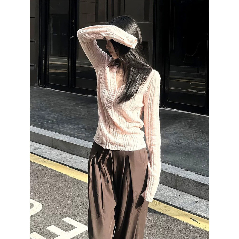 Pulover s V-izrezom, dugi rukavi, uski kroj, pleteni materijal od akrila/poliester/spandeksa