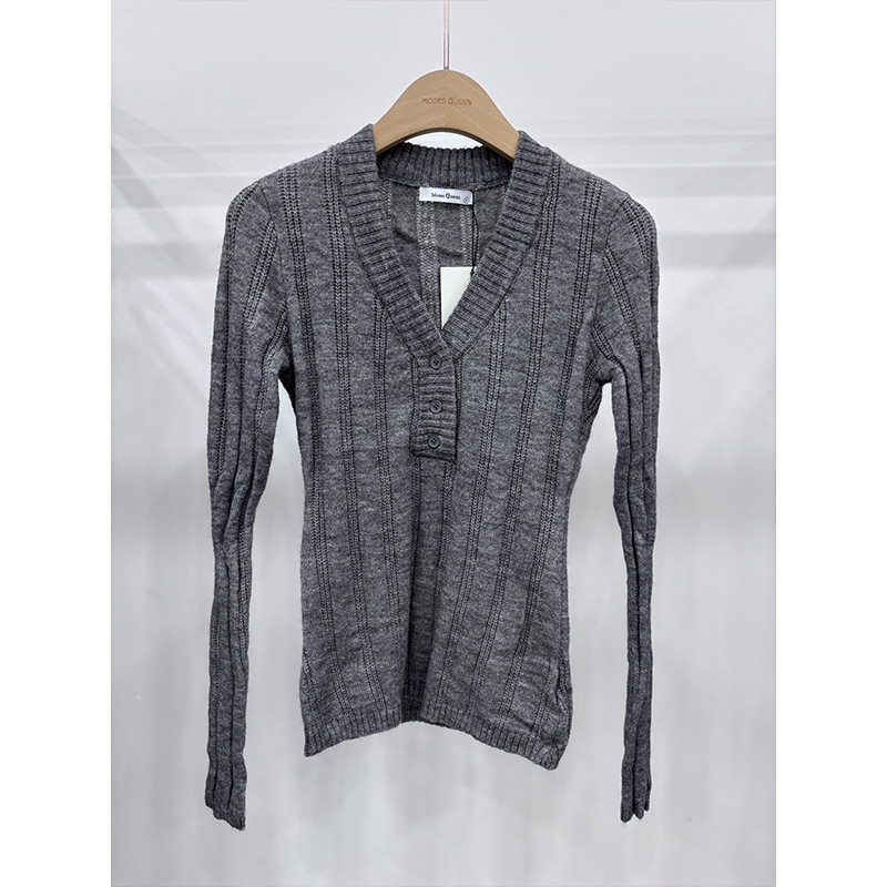 Pulover s V-izrezom, dugi rukavi, uski kroj, pleteni materijal od akrila/poliester/spandeksa