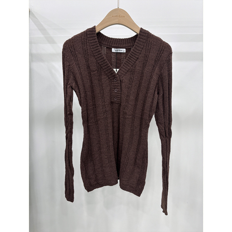 Pulover s V-izrezom, dugi rukavi, uski kroj, pleteni materijal od akrila/poliester/spandeksa