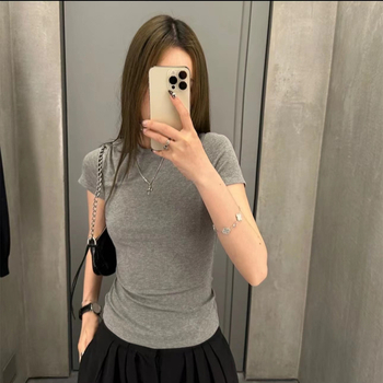 Kaizhen Ljetna ženska uska bijela majica kratkih rukava s okruglim izrezom, pleteni pamuk-elastan