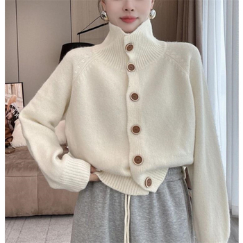 Ženski pleteni kardigan s visokim ovratnikom, udoban ležeran kroj, retro stil, jesen-zima, korejskog stila