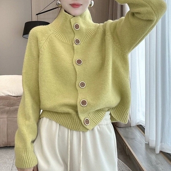 Ženski pleteni kardigan s visokim ovratnikom, udoban ležeran kroj, retro stil, jesen-zima, korejskog stila