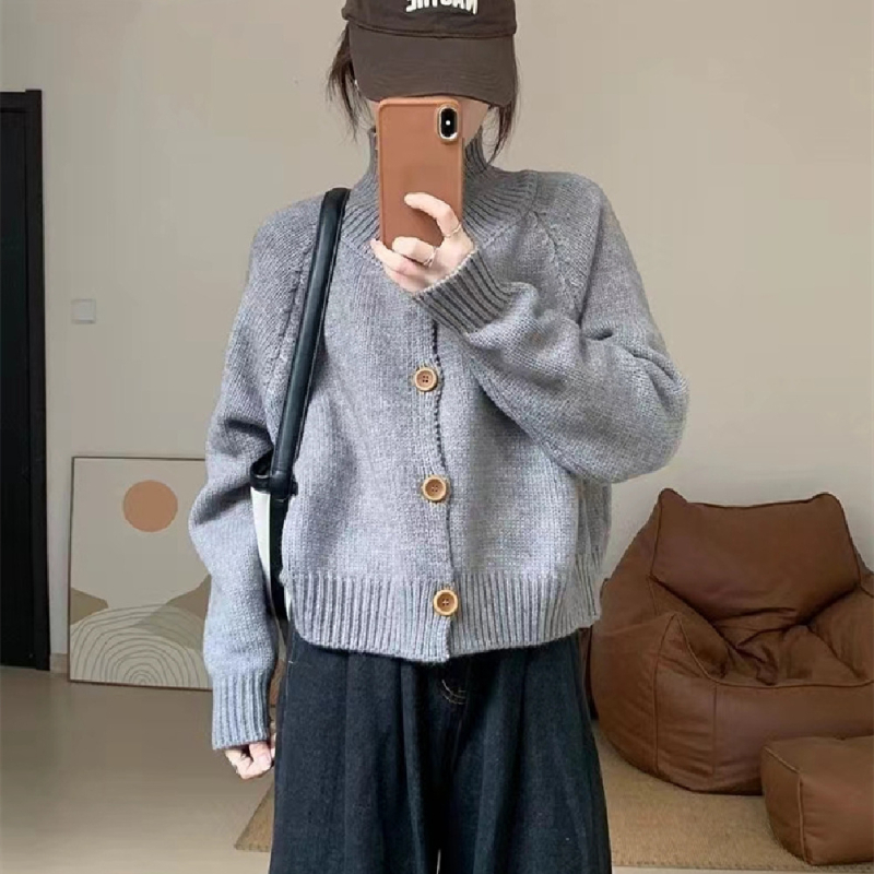Ženski pleteni kardigan s visokim ovratnikom, udoban ležeran kroj, retro stil, jesen-zima, korejskog stila