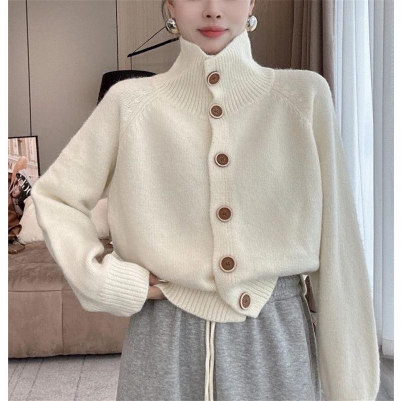 Ženski pleteni kardigan s visokim ovratnikom, udoban ležeran kroj, retro stil, jesen-zima, korejskog stila
