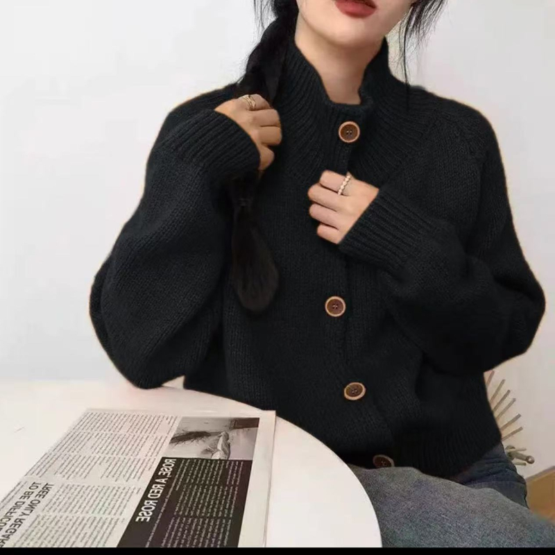 Ženski pleteni kardigan s visokim ovratnikom, udoban ležeran kroj, retro stil, jesen-zima, korejskog stila