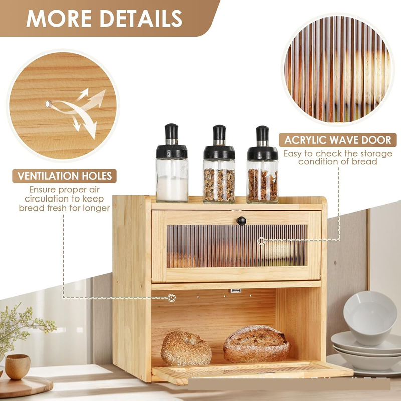 Kétrétegű tömörfa kenyértároló doboz és fenyőfa, péksütemény- és desszerttároló doboz nyitható fedéllel, evőeszköztartó doboz