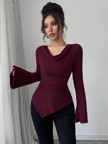 Ženski pleteni top s otvorenim ramenima, uski kroj, dugi rukav, jesen-zimski uredski stil