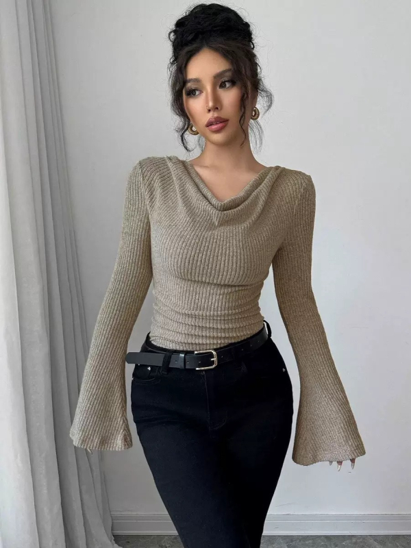 Ženski pleteni top s otvorenim ramenima, uski kroj, dugi rukav, jesen-zimski uredski stil