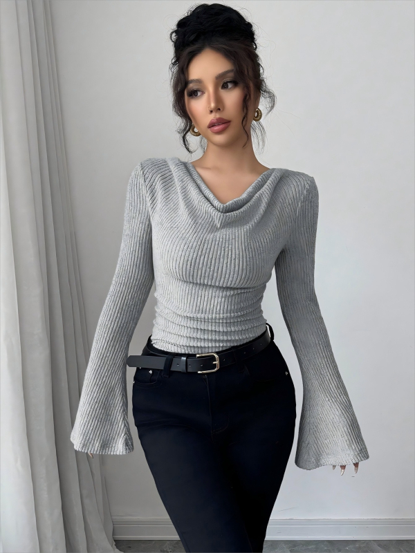 Ženski pleteni top s otvorenim ramenima, uski kroj, dugi rukav, jesen-zimski uredski stil