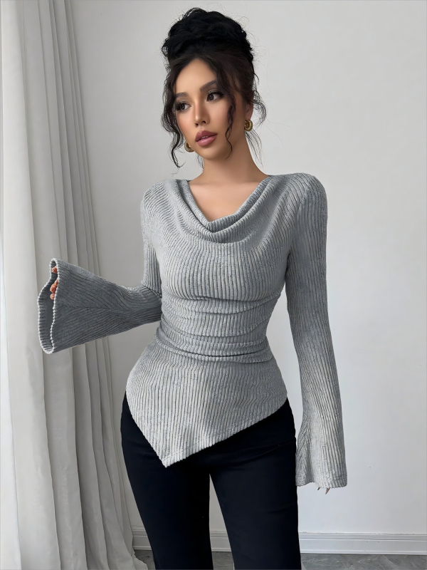 Ženski pleteni top s otvorenim ramenima, uski kroj, dugi rukav, jesen-zimski uredski stil