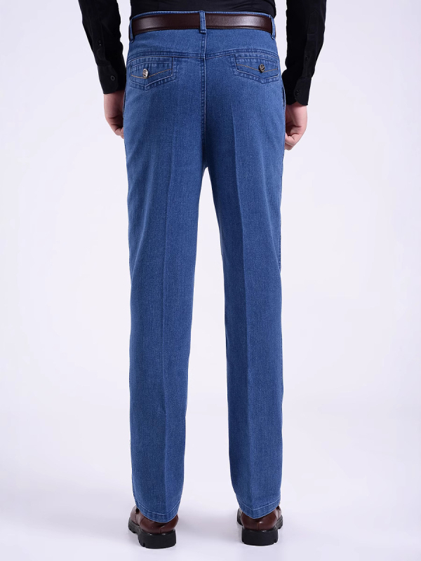 Muške traperice s visokim pojasom i elastikom, ravni kroj, denim, casualno nošenje za srednju dob