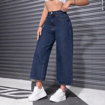 Дамски дънкови панталони с висока талия и широки крачоли, cropped стил, relaxed straight fit, деним памук/полиестер