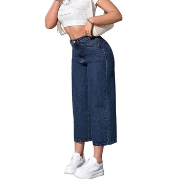 Дамски дънкови панталони с висока талия и широки крачоли, cropped стил, relaxed straight fit, деним памук/полиестер