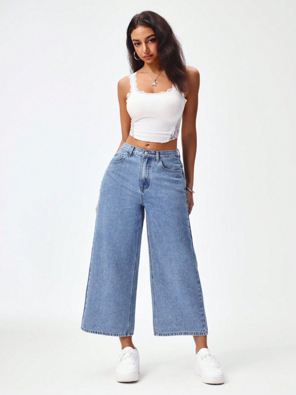 Дамски дънкови панталони с висока талия и широки крачоли, cropped стил, relaxed straight fit, деним памук/полиестер