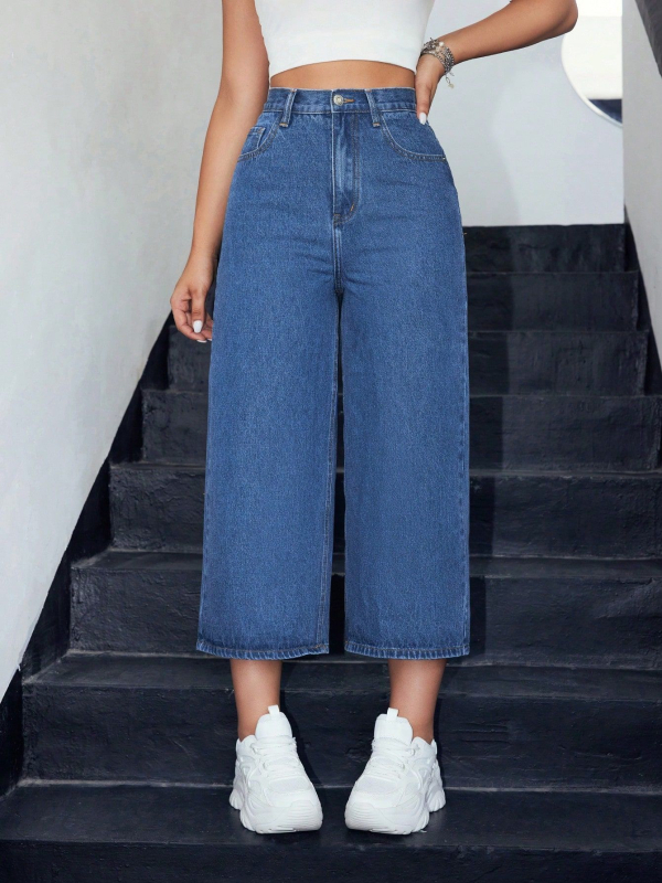 Дамски дънкови панталони с висока талия и широки крачоли, cropped стил, relaxed straight fit, деним памук/полиестер