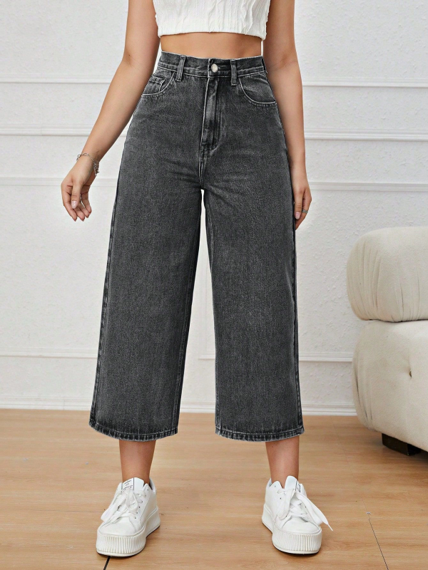 Дамски дънкови панталони с висока талия и широки крачоли, cropped стил, relaxed straight fit, деним памук/полиестер