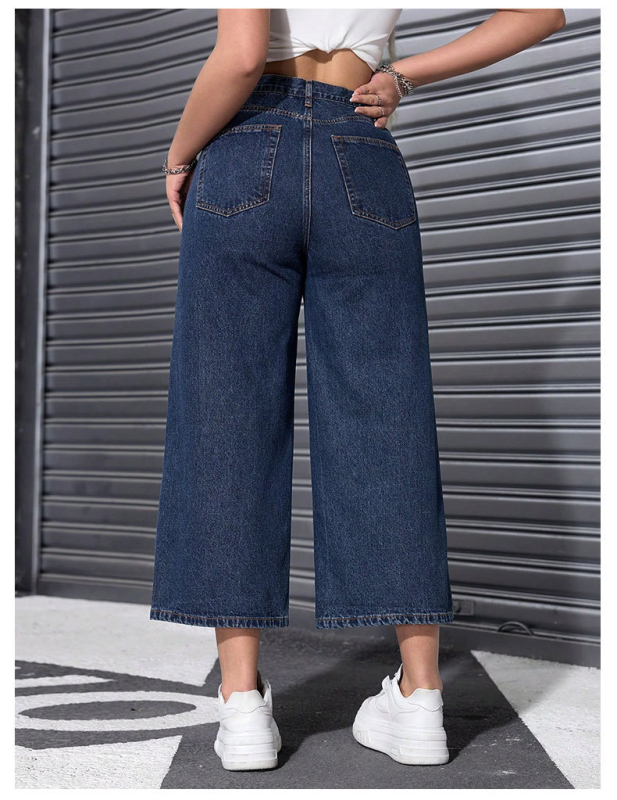 Дамски дънкови панталони с висока талия и широки крачоли, cropped стил, relaxed straight fit, деним памук/полиестер