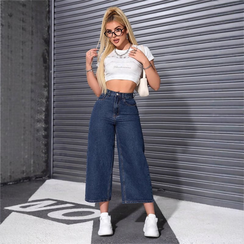 Дамски дънкови панталони с висока талия и широки крачоли, cropped стил, relaxed straight fit, деним памук/полиестер