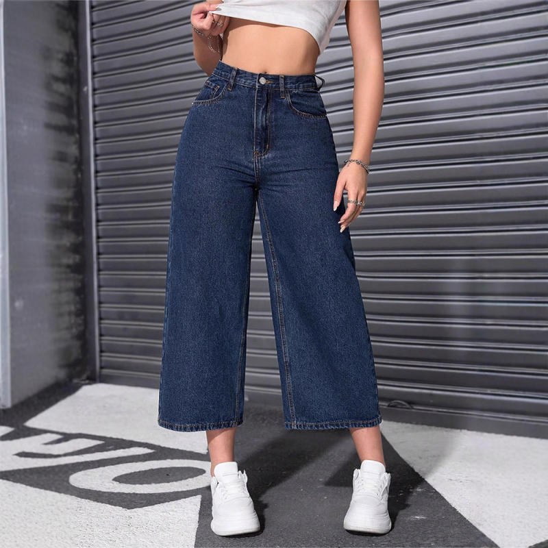 Дамски дънкови панталони с висока талия и широки крачоли, cropped стил, relaxed straight fit, деним памук/полиестер