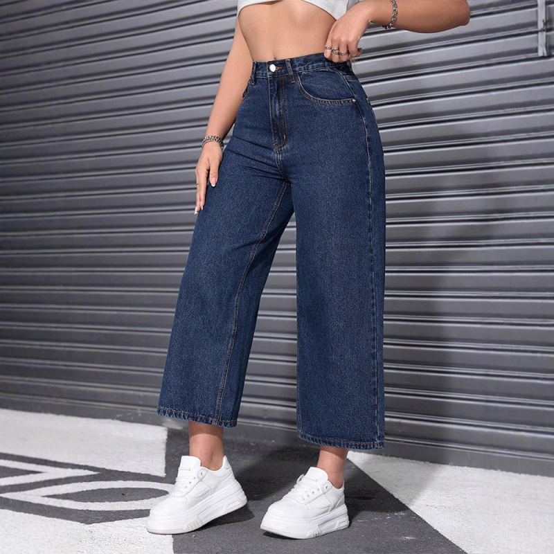 Дамски дънкови панталони с висока талия и широки крачоли, cropped стил, relaxed straight fit, деним памук/полиестер