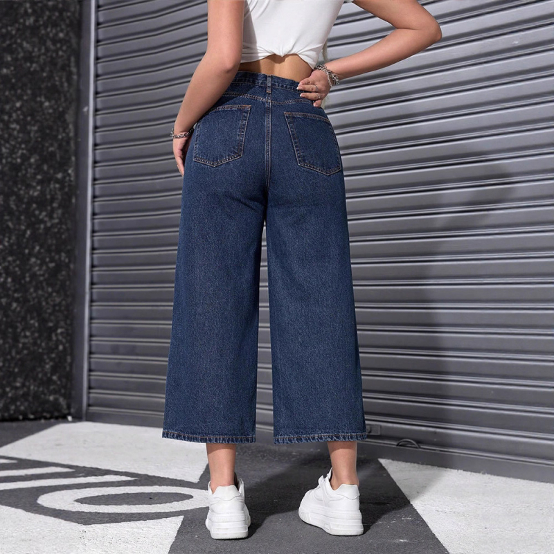 Дамски дънкови панталони с висока талия и широки крачоли, cropped стил, relaxed straight fit, деним памук/полиестер