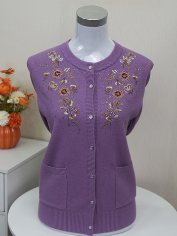 Izšūts ziedu raksta kabatas kardigans, adīts, apļveida kakla, garas piedurknes, brīvs piegriezums, poliesteru maisījums