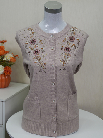 Izšūts ziedu raksta kabatas kardigans, adīts, apļveida kakla, garas piedurknes, brīvs piegriezums, poliesteru maisījums