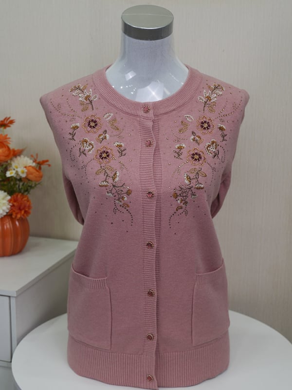 Izšūts ziedu raksta kabatas kardigans, adīts, apļveida kakla, garas piedurknes, brīvs piegriezums, poliesteru maisījums