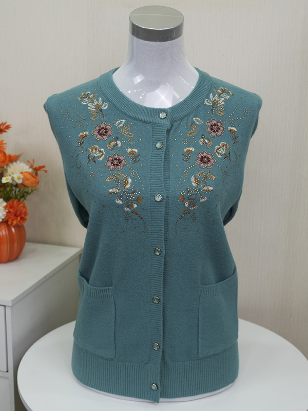 Izšūts ziedu raksta kabatas kardigans, adīts, apļveida kakla, garas piedurknes, brīvs piegriezums, poliesteru maisījums