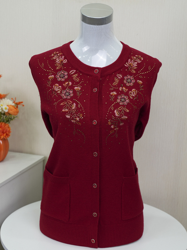 Izšūts ziedu raksta kabatas kardigans, adīts, apļveida kakla, garas piedurknes, brīvs piegriezums, poliesteru maisījums